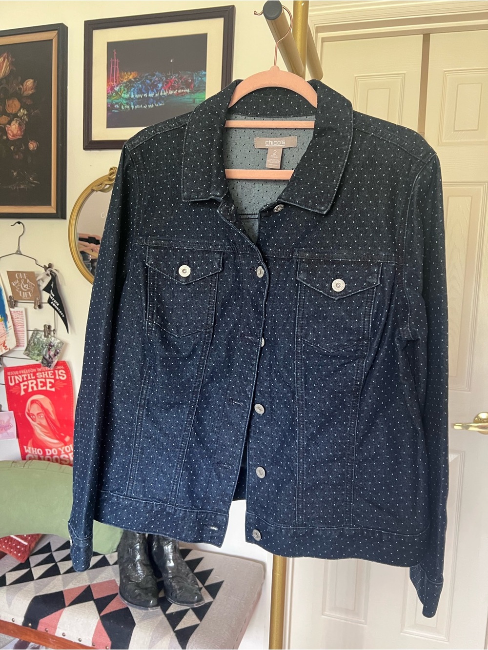 Chico's Dark Blue Dot Print Button Down Denim Jacket Size 2 (Large)